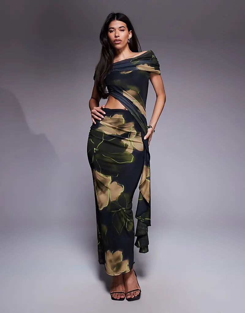 

Платье миди ASOS DESIGN из сетки с открытыми плечами, сборками, оборками и поясом-лентой с цветочным принтом черного и зеленого цветов