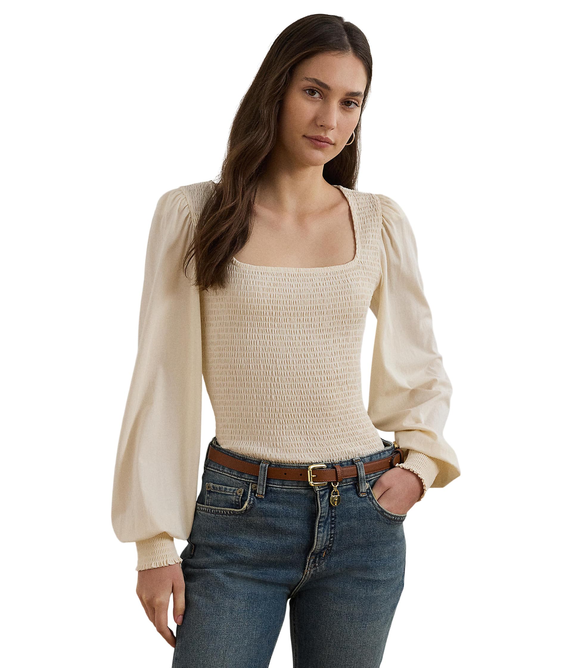 

Топ Lauren Ralph Lauren Smocked Jersey Blouson, цвет Mascarpone Cream