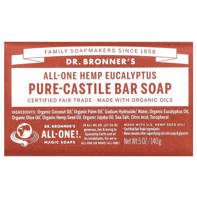 

Dr. Bronner's, Кусковое мыло Pure-Castile, универсальное конопляное и эвкалиптовое мыло, 140 г (5 унций)