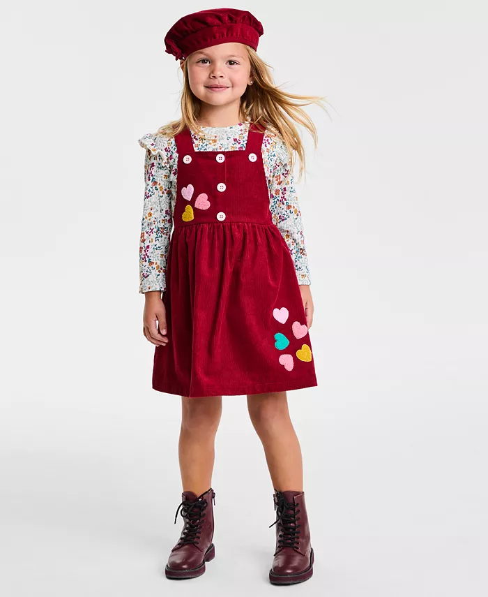 

Детский комплект для девочек 2T-6X: топ и джемпер из вельвета с цветочным принтом и пуговицами, 2 предмета Blueberi Boulevard, красный