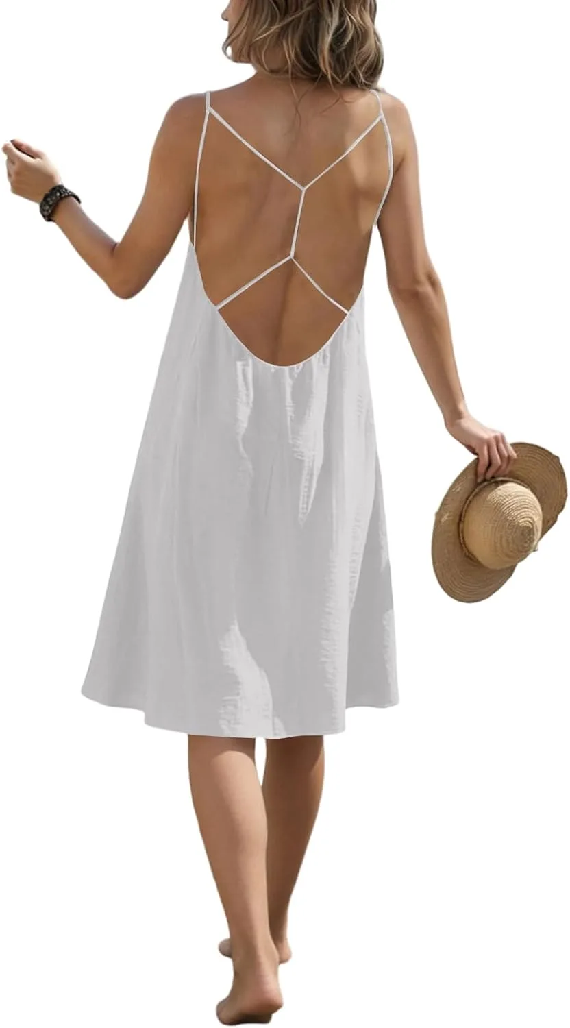 Летнее платье для женщин Casual Midi Dress с открытой спиной Cami Sundress струящийся пляжный наряд для отпуска Generic, белый