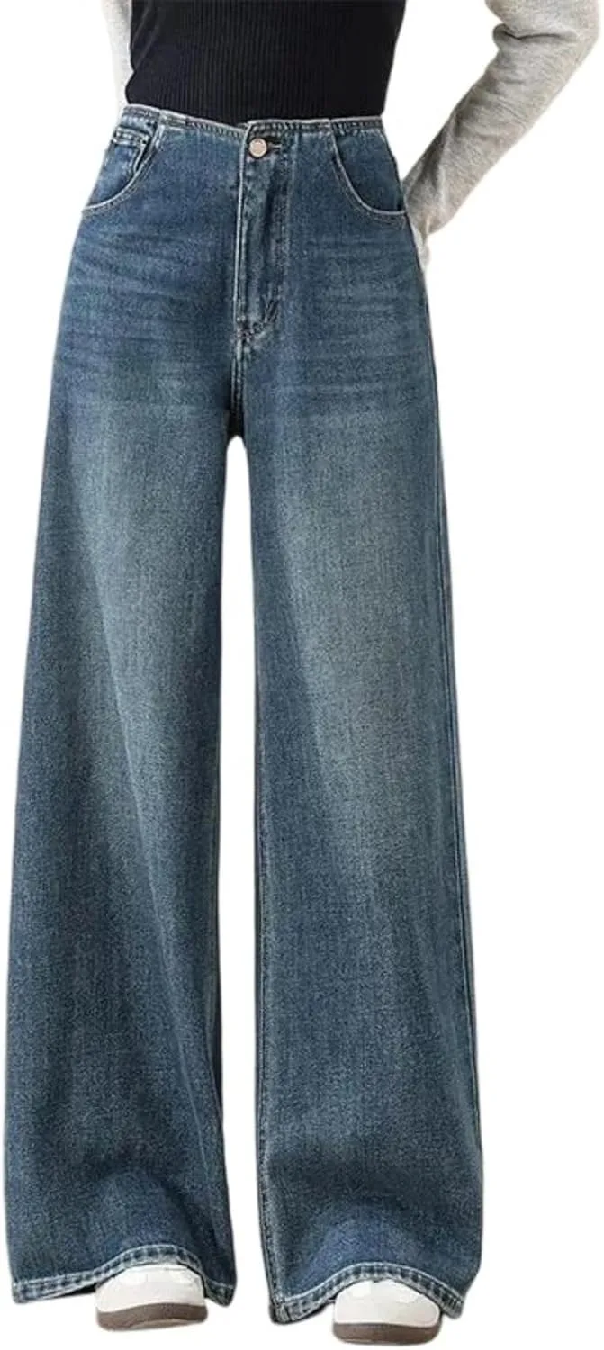 Generic Женские синие джинсы Wide Leg - осенние стройнящие свободные универсальные драпированные брюки Straight Leg Floor Length