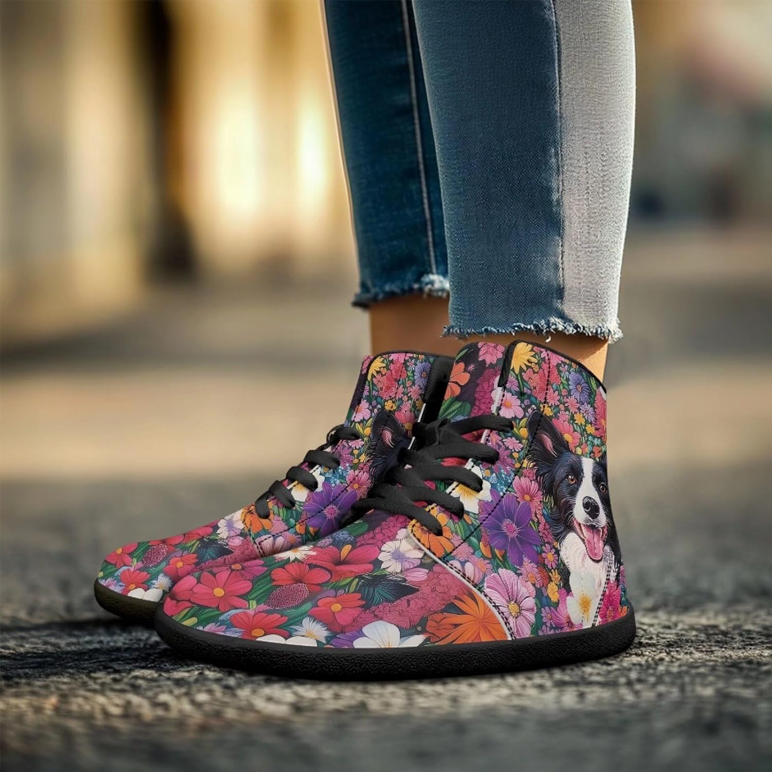 Мужские обувь Binienty Barefoot с широкой пяткой, высокие кеды с ПУ, минималистичные кроссовки с нулевым перепадом для активного отдыха, Border Collie Boho Floral — фото 2