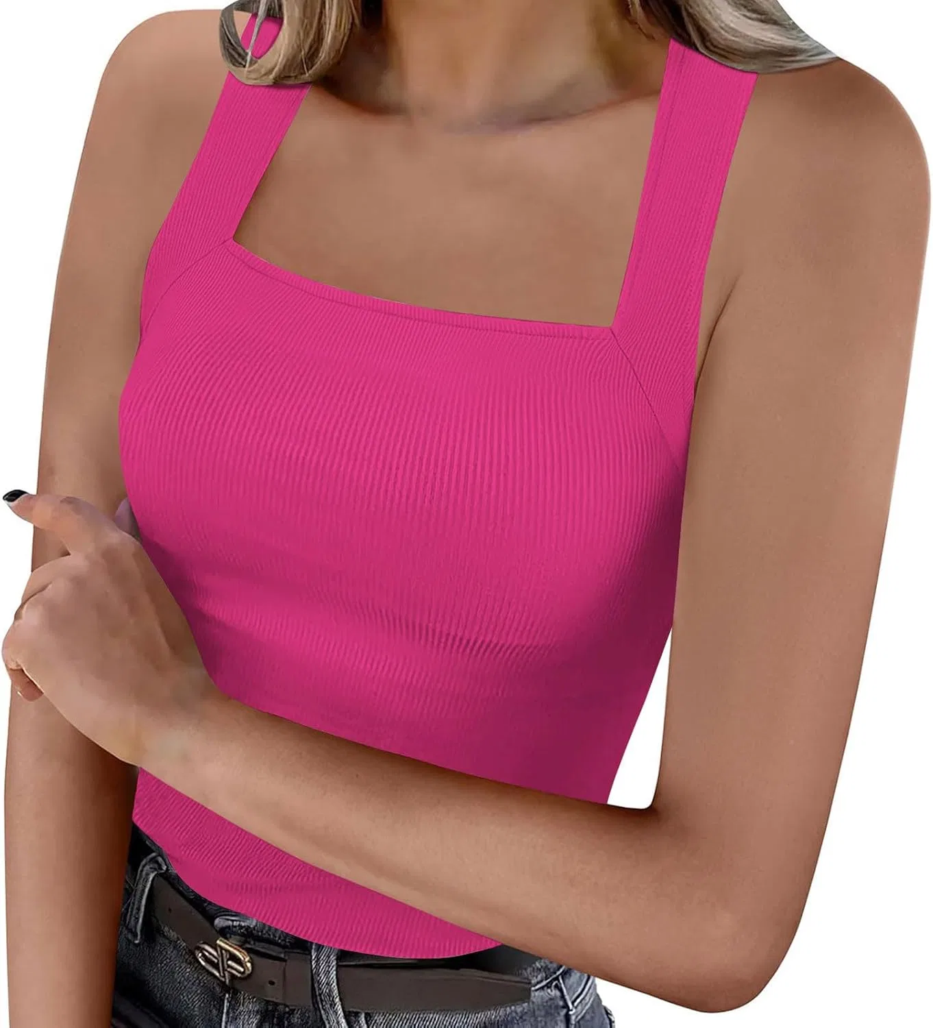 Топ женский с круглым вырезом, облегающий, ribbed, A03#hot Pink