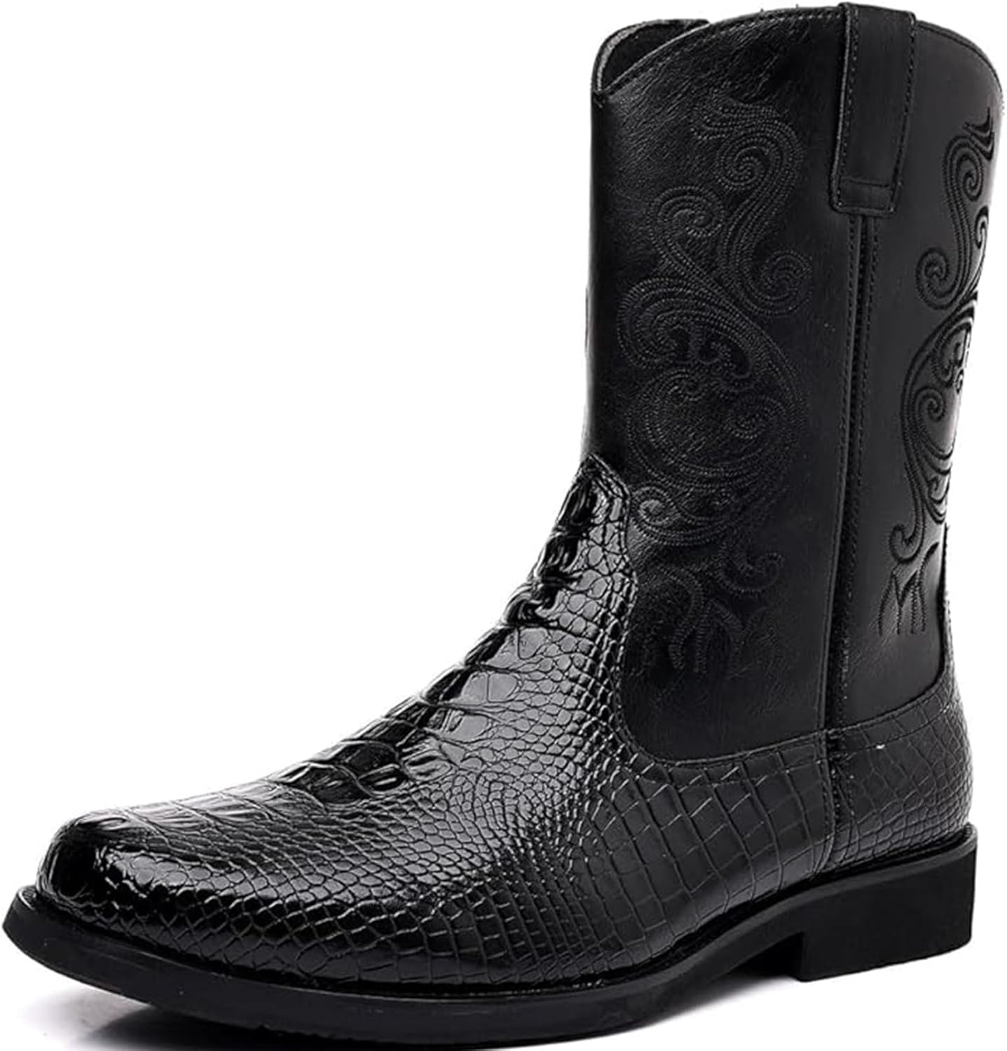 

Мужские сапоги Crocodile Western с боковой молнией, средней высоты, квадратный носок, кожа Xinduoyu, черный