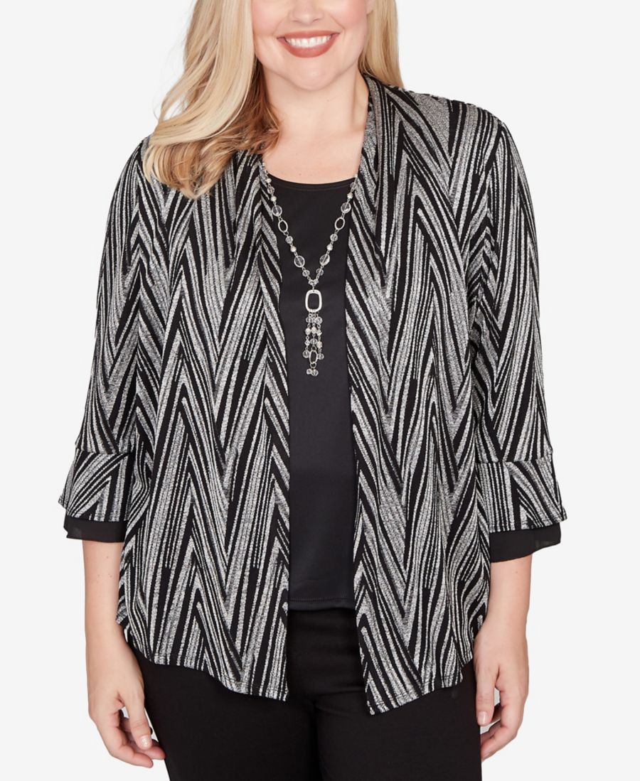 

Топ Petite Barcelona с металлическим шевронным узором два в одном и колье Alfred Dunner, Black, White