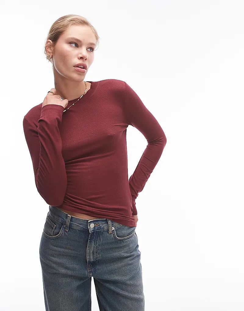 

Топ премиум-класса с длинными рукавами в рубчик в бордовом цвете Topshop