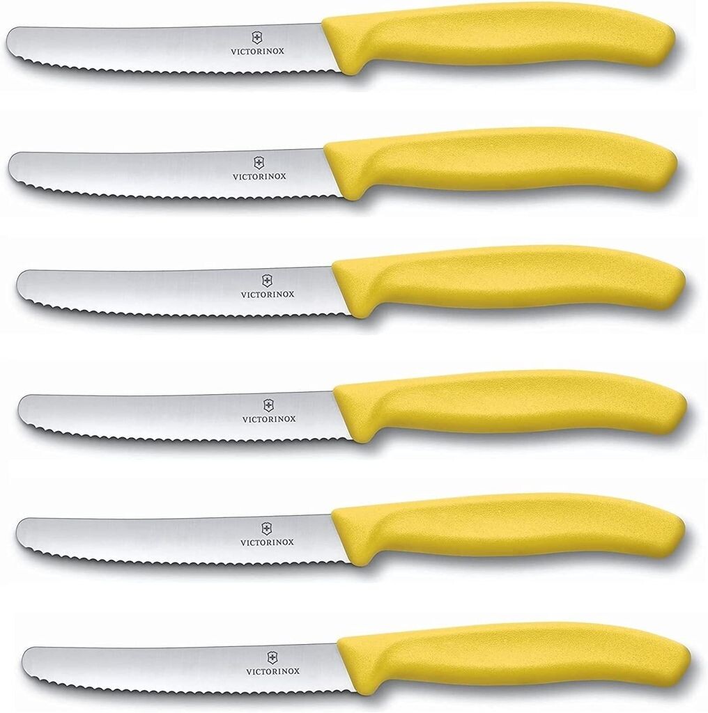 

Столовые ножи Victorinox, 6 предметов — швейцарские Классические ножи для томатов с зубчатым краем, нержавеющая сталь — сделано в Швейцарии — желтый Victorinox Swiss Army