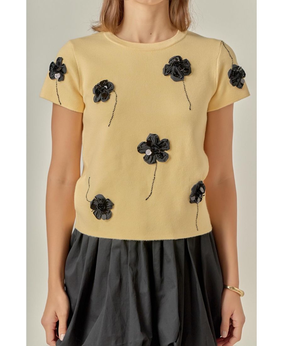 

Женский вязаный топ с объемным цветочным узором English Factory, Butter yellow/black