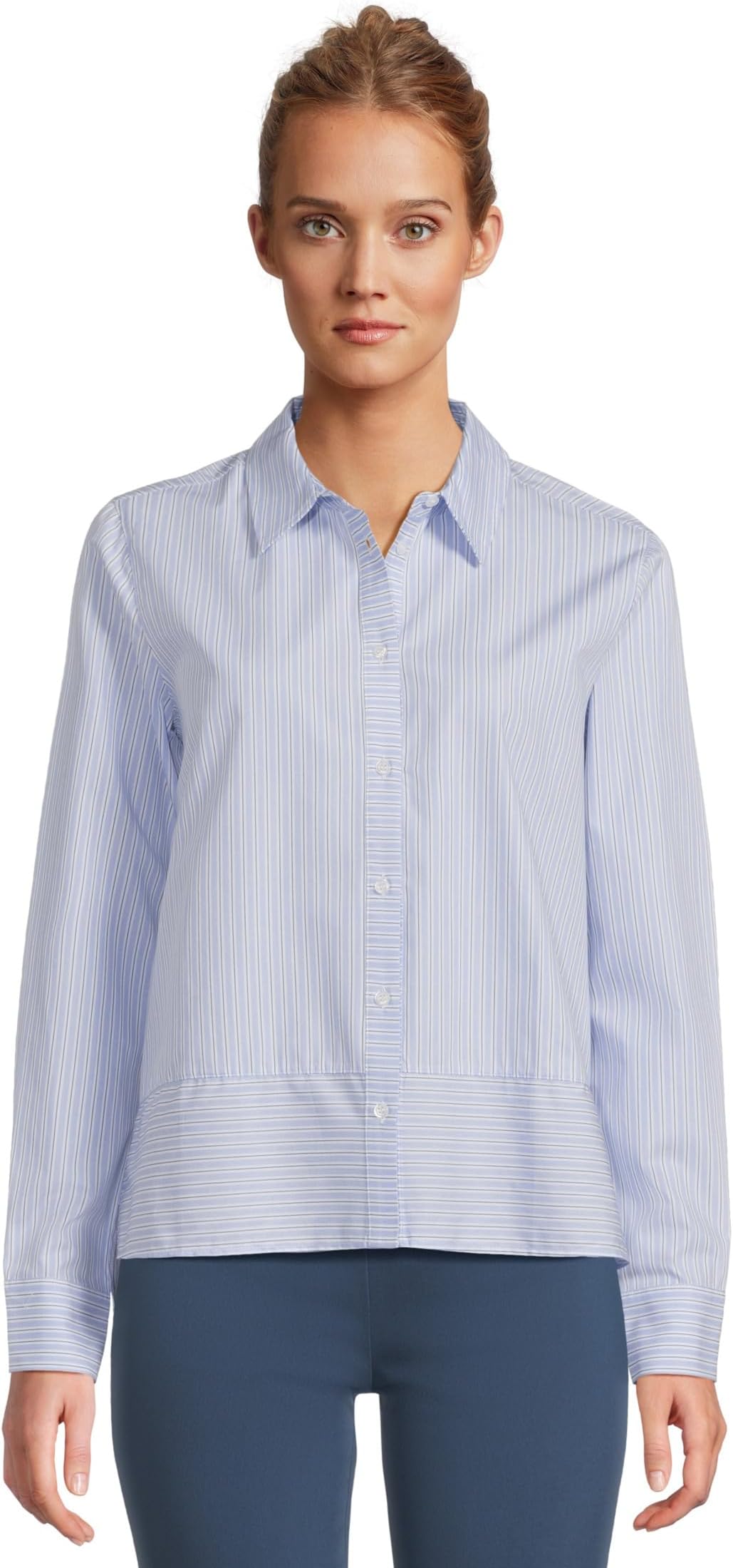 

Женская рубашка с длинным рукавом, застежкой на пуговицы спереди, полоской и декоративным швом спереди Elliott Lauren, Blue/White