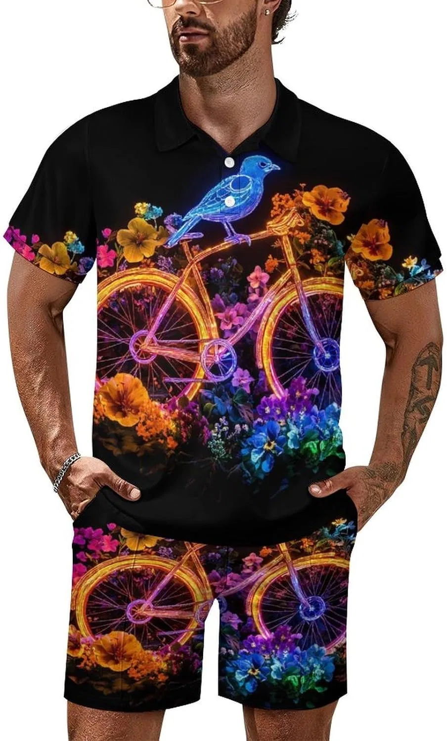 Мужской спортивный костюм с принтом Flower Bike Blue Bird, поло и шорты, стиль
