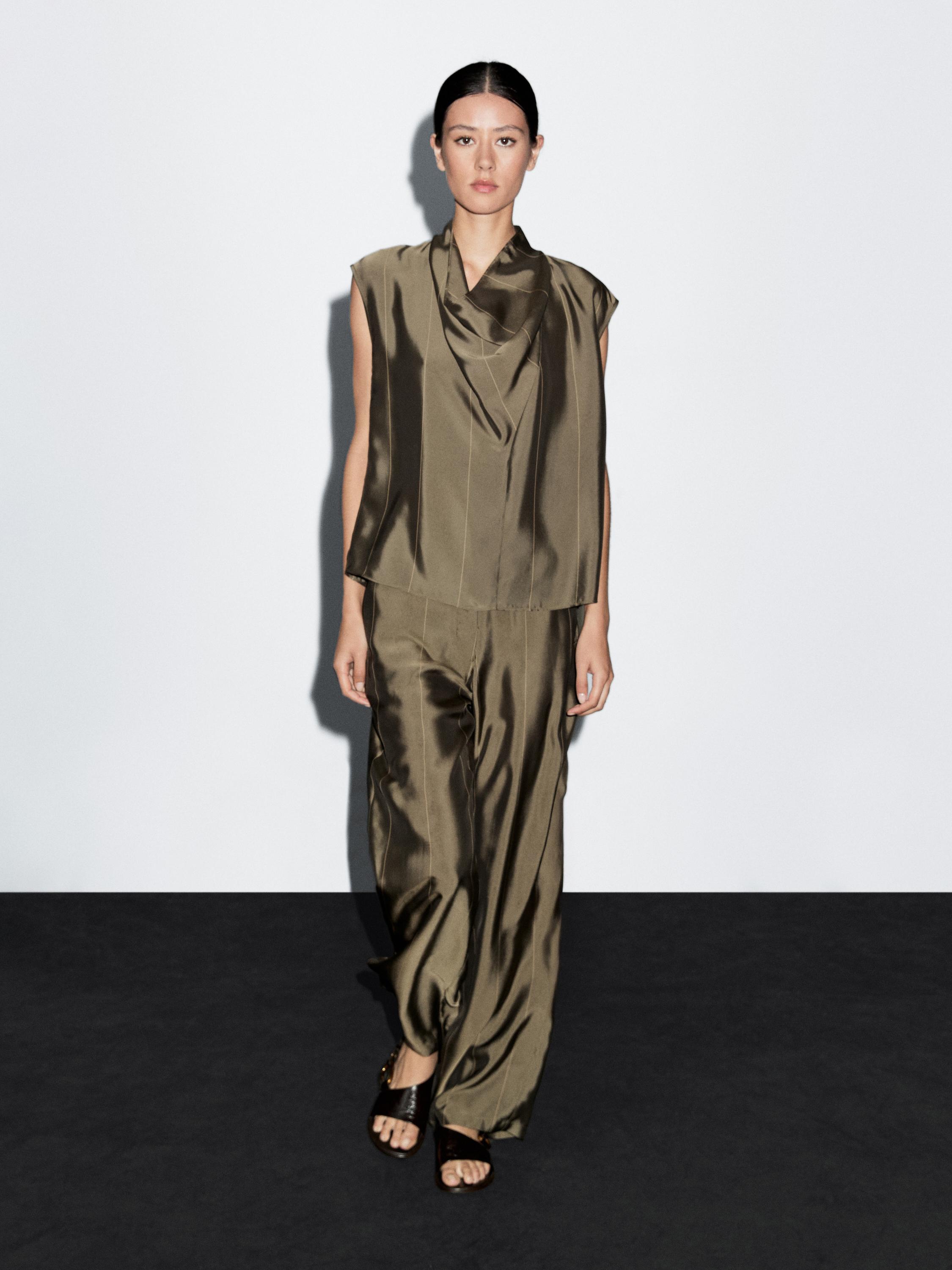 

Струящиеся брюки с полосатыми деталями Massimo Dutti, хаки