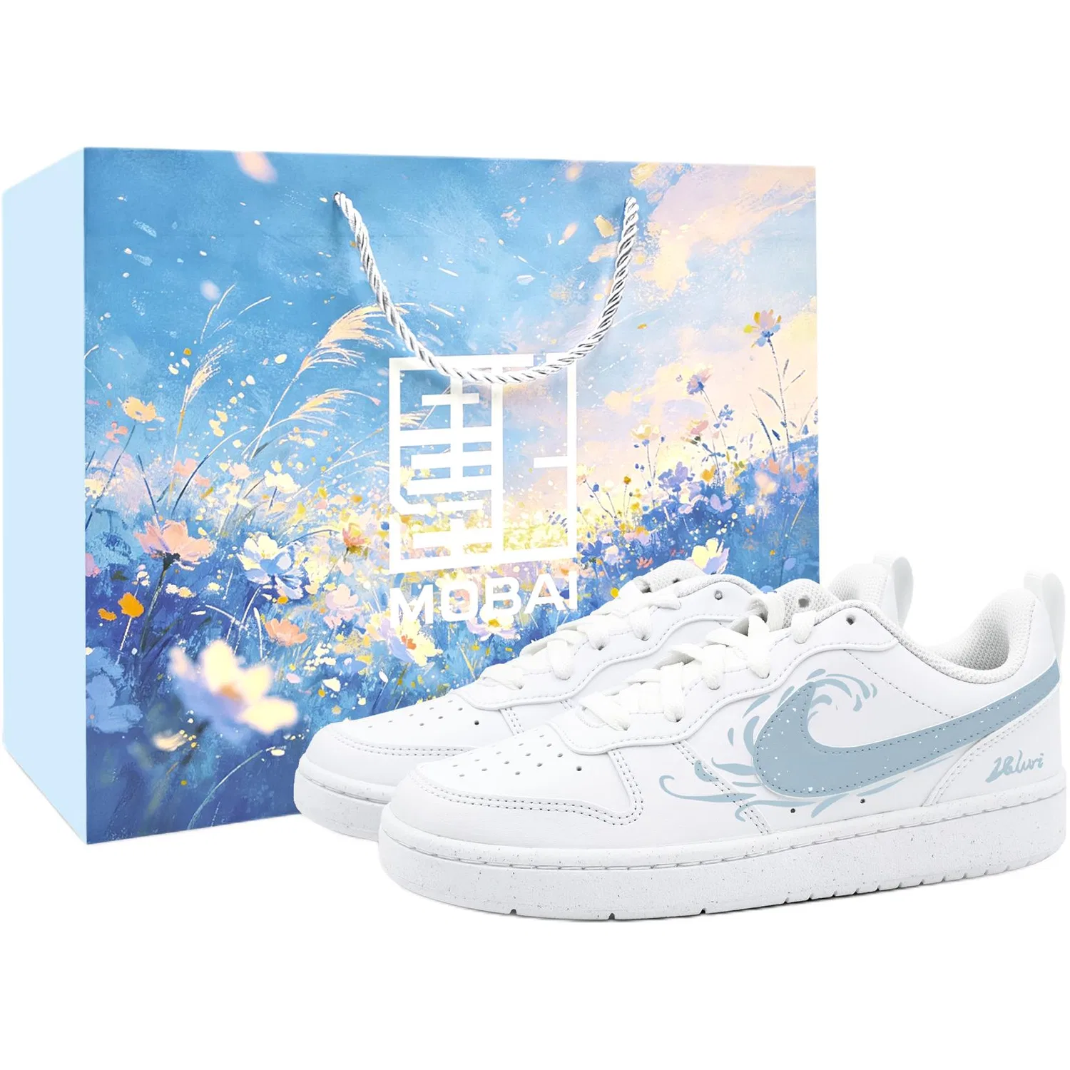 Кроссовки для скейтбординга Court Borough Island Wave BOX Ink White Leather Low top Kids', бело-синие, для подростков Nike, White/Blue