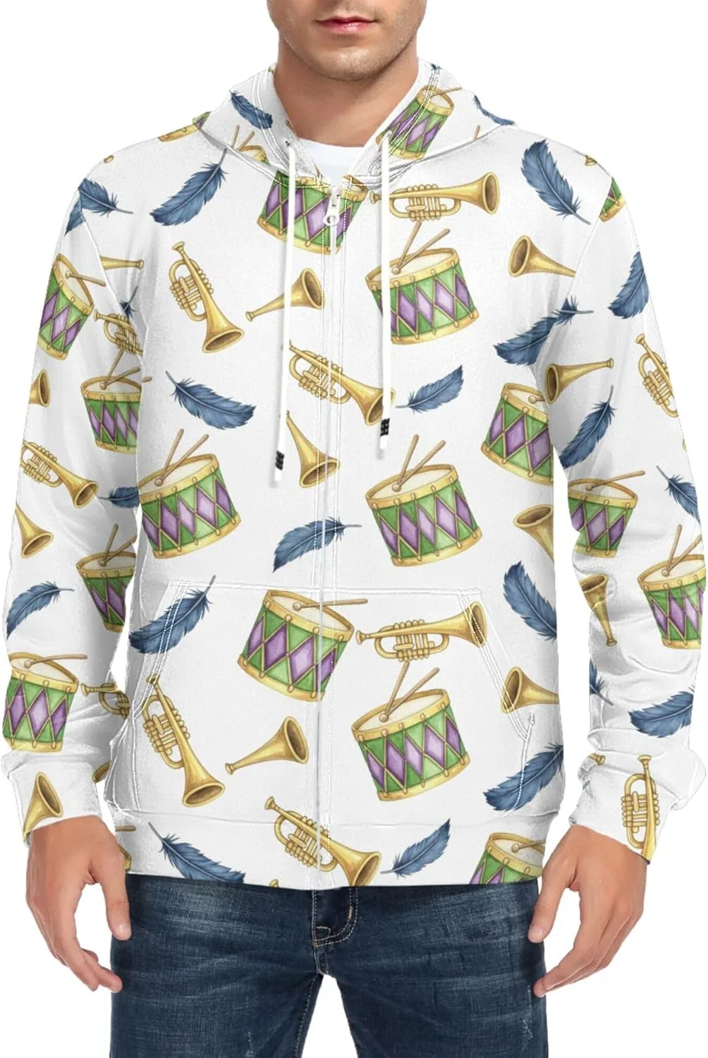 

Мужская толстовка с полной застежкой-молнией Drums Trumpets Feathers Instruments с длинными рукавами и карманом CUPADA
