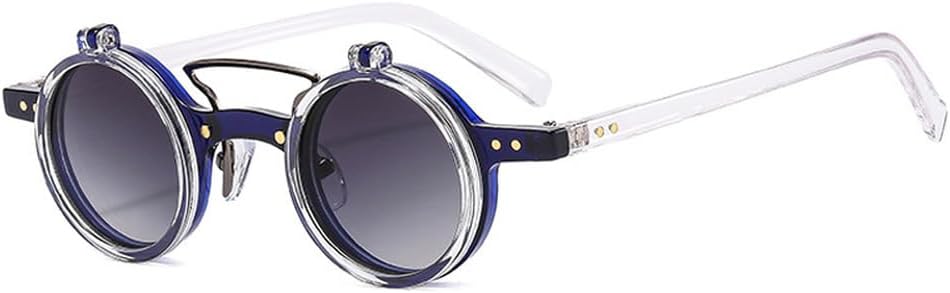 

Популярные модные маленькие круглые панк-солнцезащитные очки с двойной перемычкой для женщин, ретро-очки с откидными линзами, защита от УФ-излучения UV400, мужские солнцезащитные очки с заклепками WNCKSQ, Blue Clear Gray