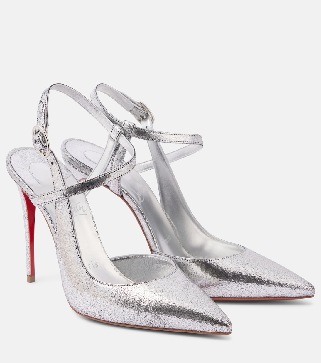 Jenlove 100 босоножки-лодочки на шпильке с ремешком из металлизированной кожи Christian Louboutin, Silver/Lin Silver
