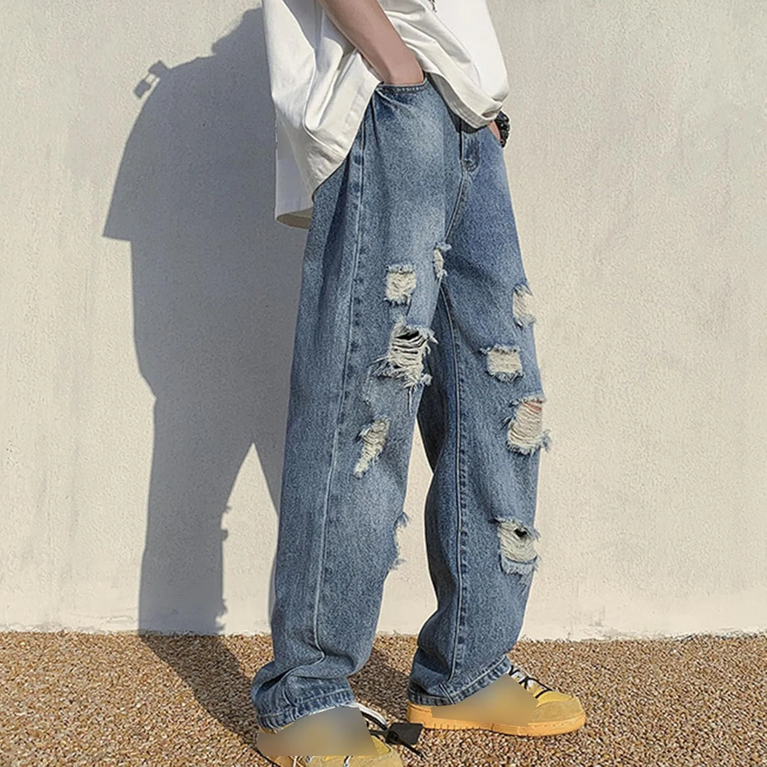 Джинсы прямые свободные Men's Distressed Straight Fit Baggy Jeans, синие — фото 4