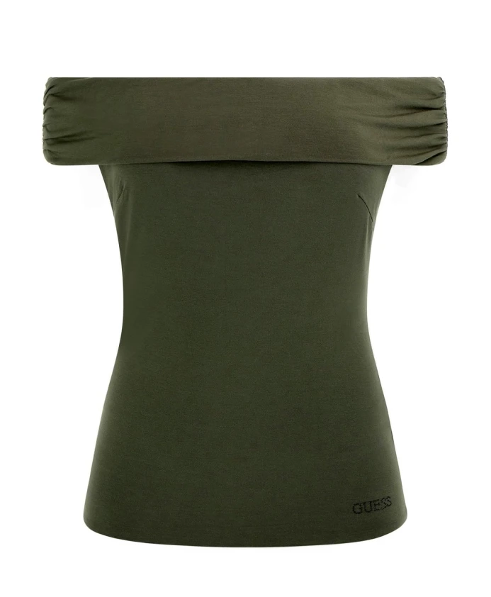 

Топ с открытыми плечами, зеленый, с логотипом из страз. Guess, зеленый