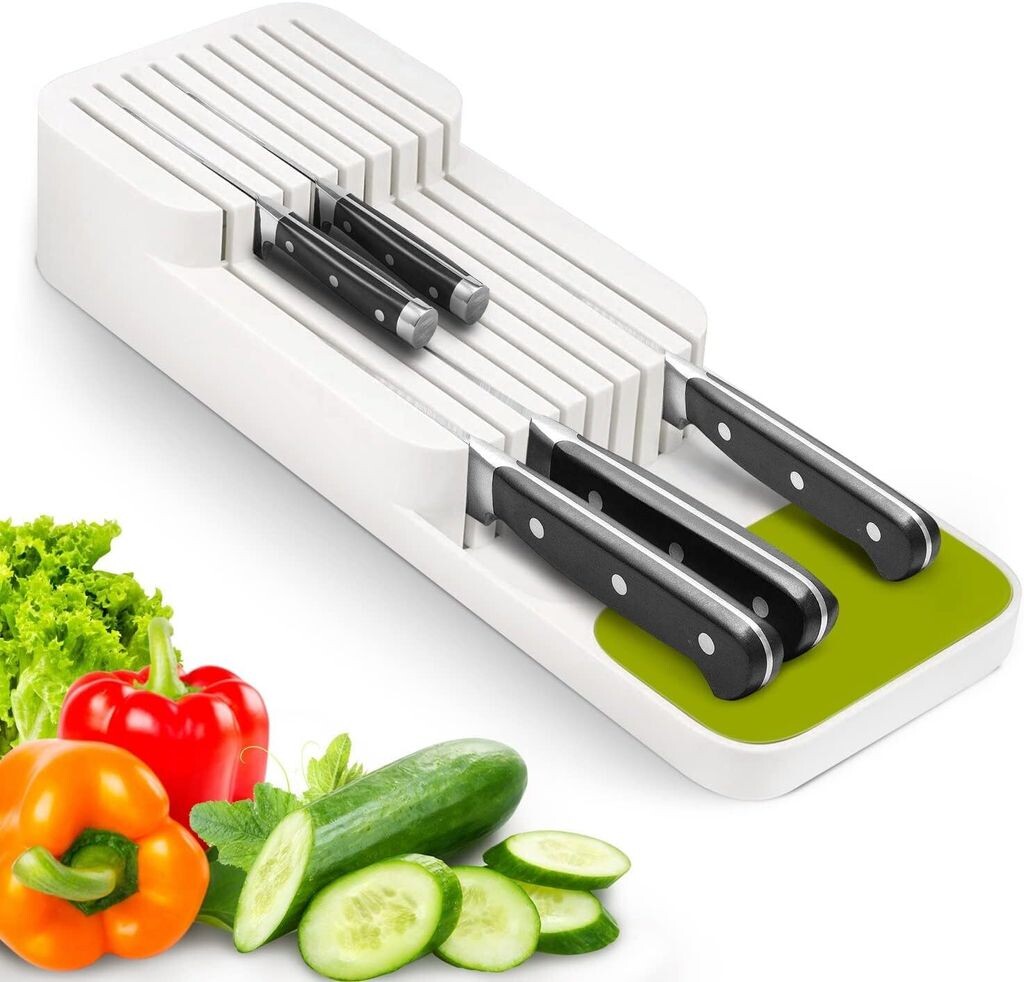 

Блок для ножей для ящика, двухъярусный органайзер для ножей с прорезями, место для 9 ножей, блок для ножей с противоскользящей накладкой, безопасный, компактный, съемный (бело-зеленый) Götäzer