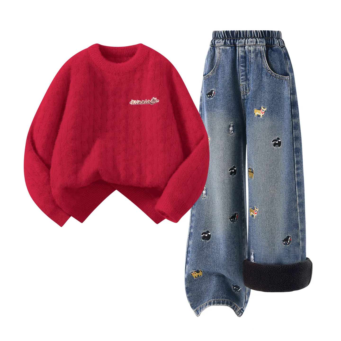 Детская повседневная спортивная футболка с круглым вырезом Disney, [Thickened and Fleece-Lined]Di-Chang Metal Logo K Red+Solid Color Denim Blue