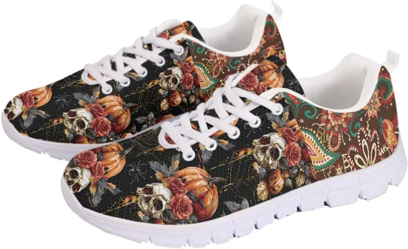 

Кроссовки GETELINSENG Унисекс для бега, легкая спортивная обувь с сеткой, шнуровкой, для тенниса и прогулок, Skull Pumpkin Boho Mandala