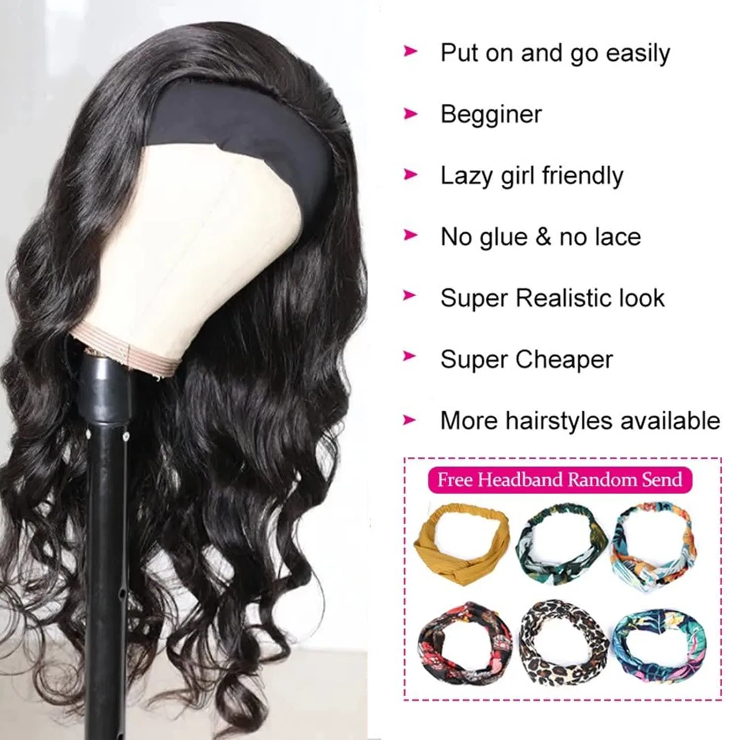 Парик с повязкой «Body Wave» из натуральных волос от Rebasar Rebasar, Black — фото 2
