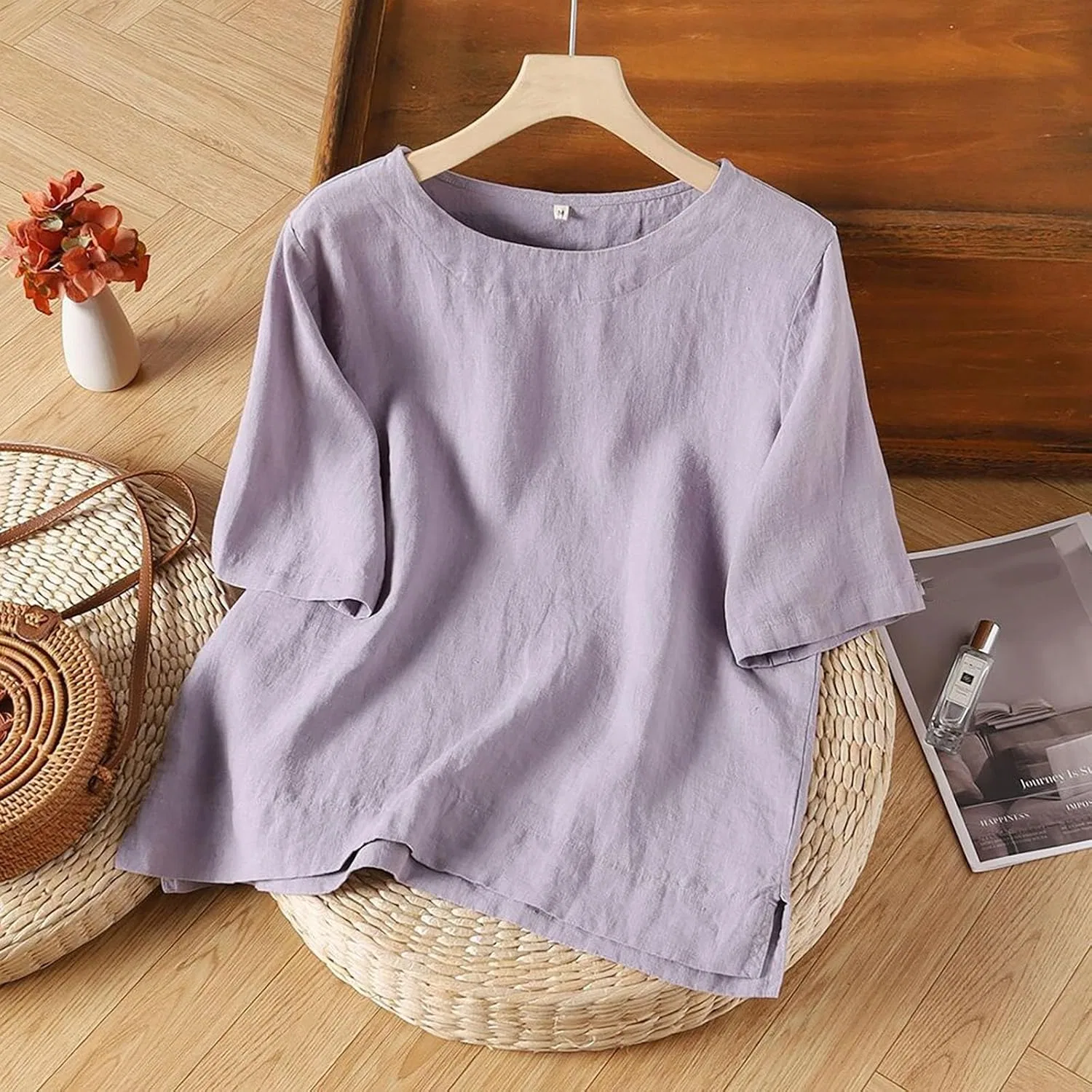 Футболка из хлопка и льна, женская, Relaxed Fit, фиолетовый — фото 2