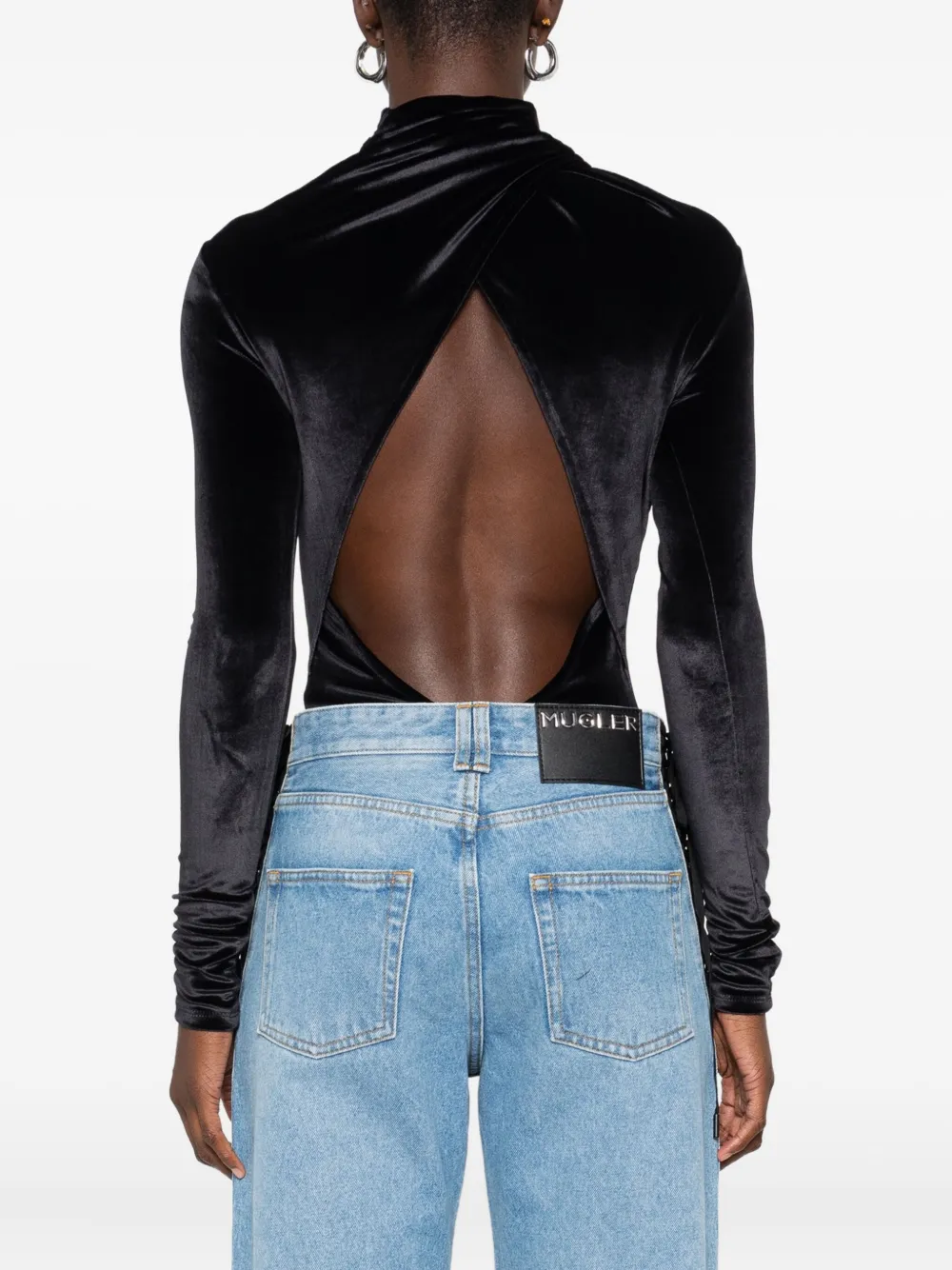 Бархатный комбинезон с высоким воротом Mugler, черный — фото 4