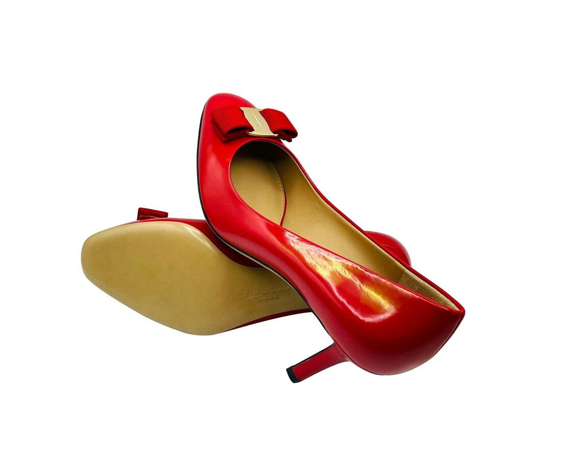 Salvatore Ferragamo Женские кожаные туфли на каблуке с бантом, красный — фото 3