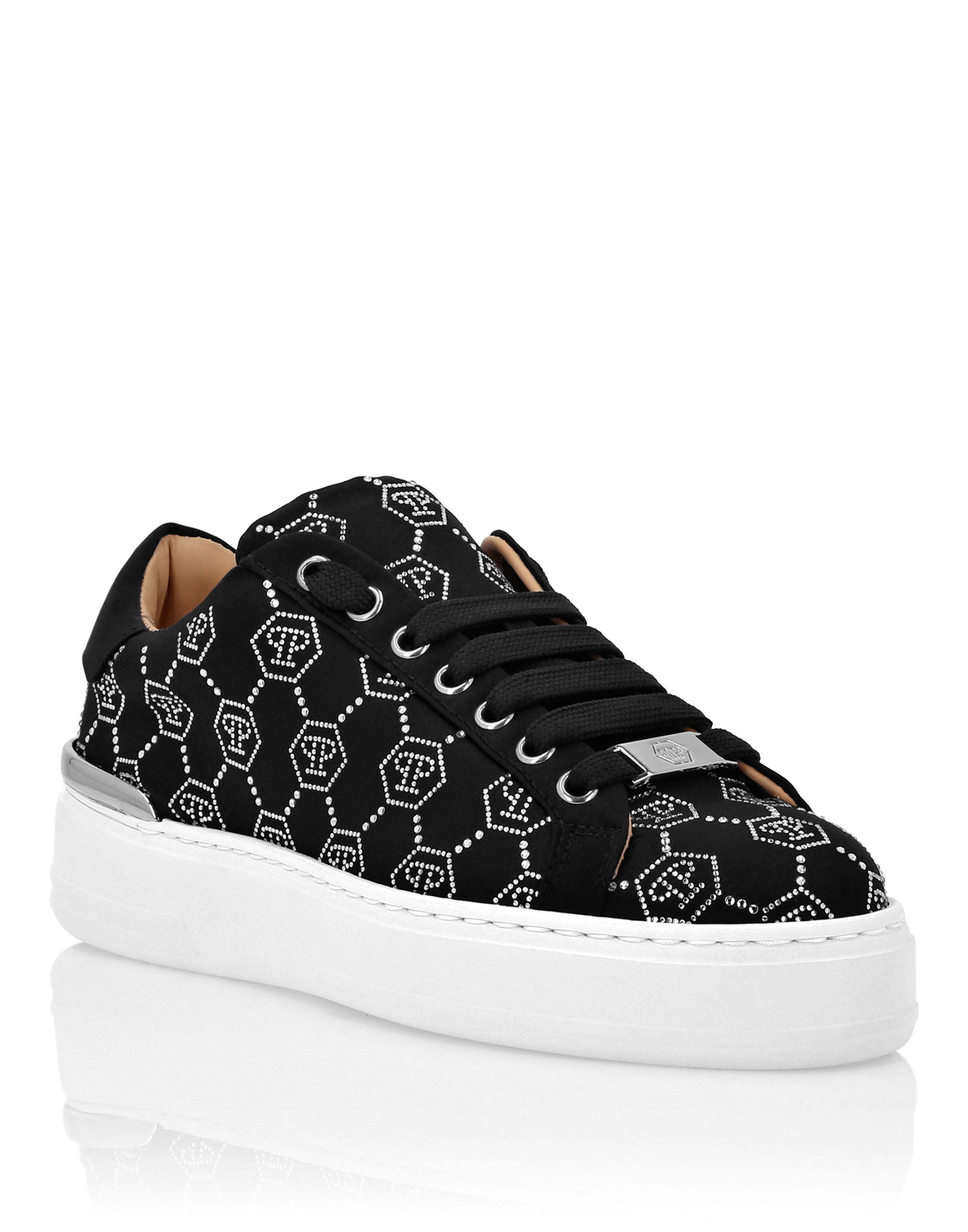 Сатиновые кроссовки Lo-Top с кристаллами Strass Monogram PHILIPP PLEIN, черный