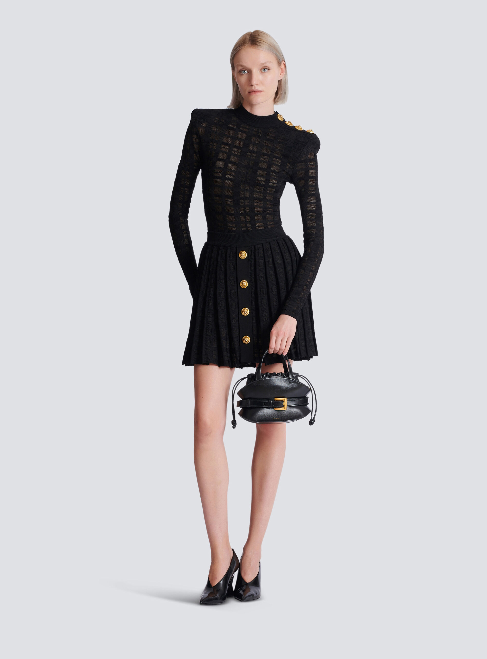 Короткая плиссированная юбка из трикотажа в клетку Balmain, черный — фото 2