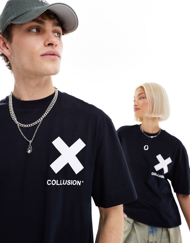 

Черная хлопковая футболка унисекс с логотипом COLLUSION X
