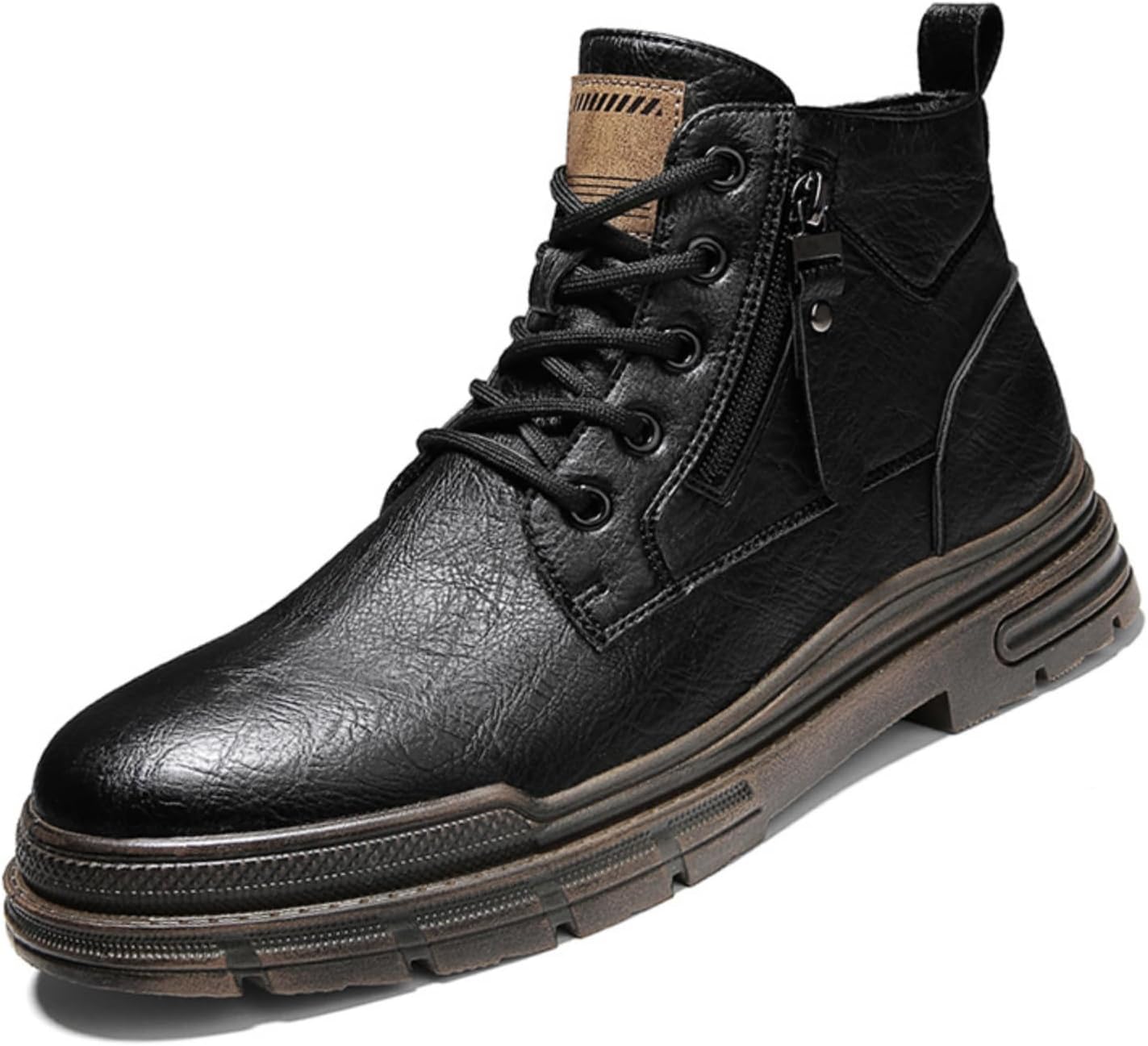

Мужские кожаные ботинки на щиколотку с боковой молнией, шнуровкой и толстой резиновой подошвой для активного отдыха, повседневной носки, работы и походов Kelibasi, черный