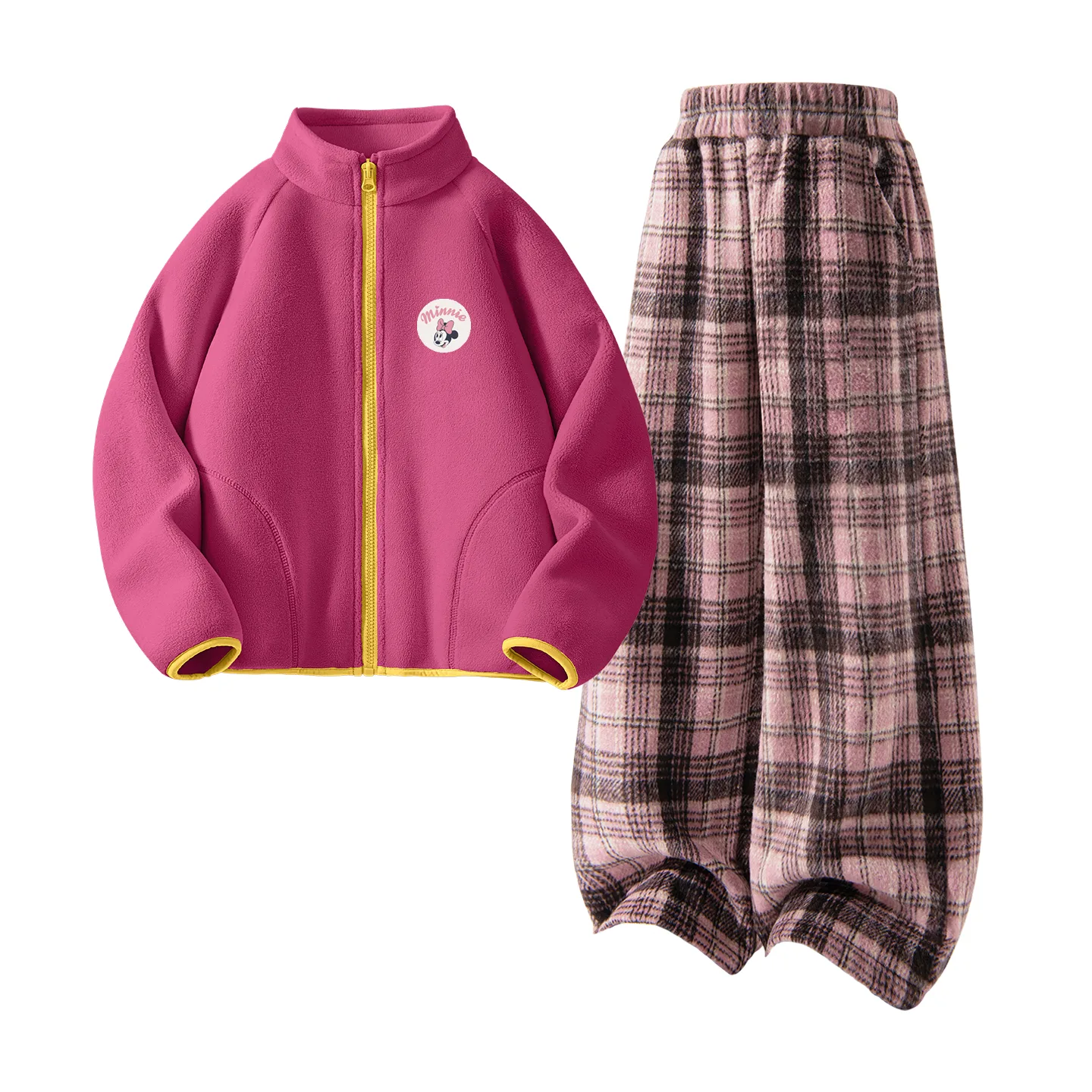 Детская повседневная спортивная толстовка Disney, [Thickened and Fleece-Lined]Dini Medium Round Hook-and-Loop K Rose Red+Solid Color Pink Plaid