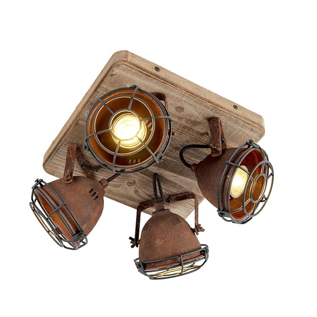 

[T] QAZQA - Industrial I Vintage I Smart Spot I Spot Light I Потолочный точечный светильник I Потолочный точечный светильник I Spot Light I Лампа I Light Rust Brown с деревом, включая точечную панель с 4 лампами WiFi GU10 - Gina Dimmer I Диммиру...
