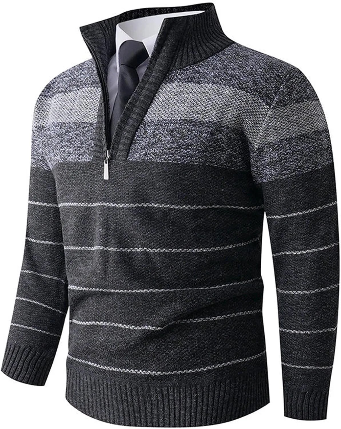 Мужской легкий пуловер с четвертью молнии, полоска, slim fit — фото 2