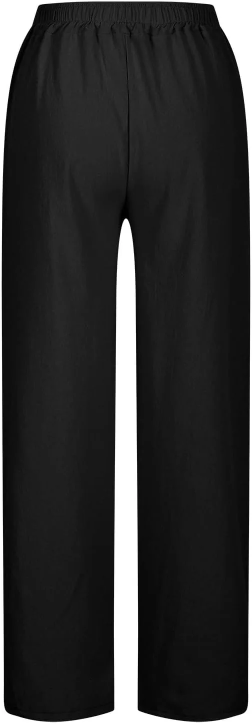 Льняные брюки Women 2026 Wide Leg с кулиской и эластичным поясом, гаучо, для отдыха, весна-лето, пляжный отпуск Generic, черный — фото 3