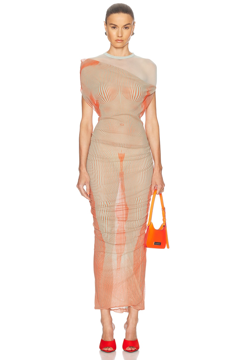 

Длинное платье с принтом в тонкую полоску Body Morphing Jean Paul Gaultier, Mint & Coral