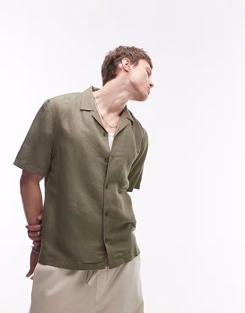 

Рубашка Topman с короткими рукавами из льняной смеси цвета хаки
