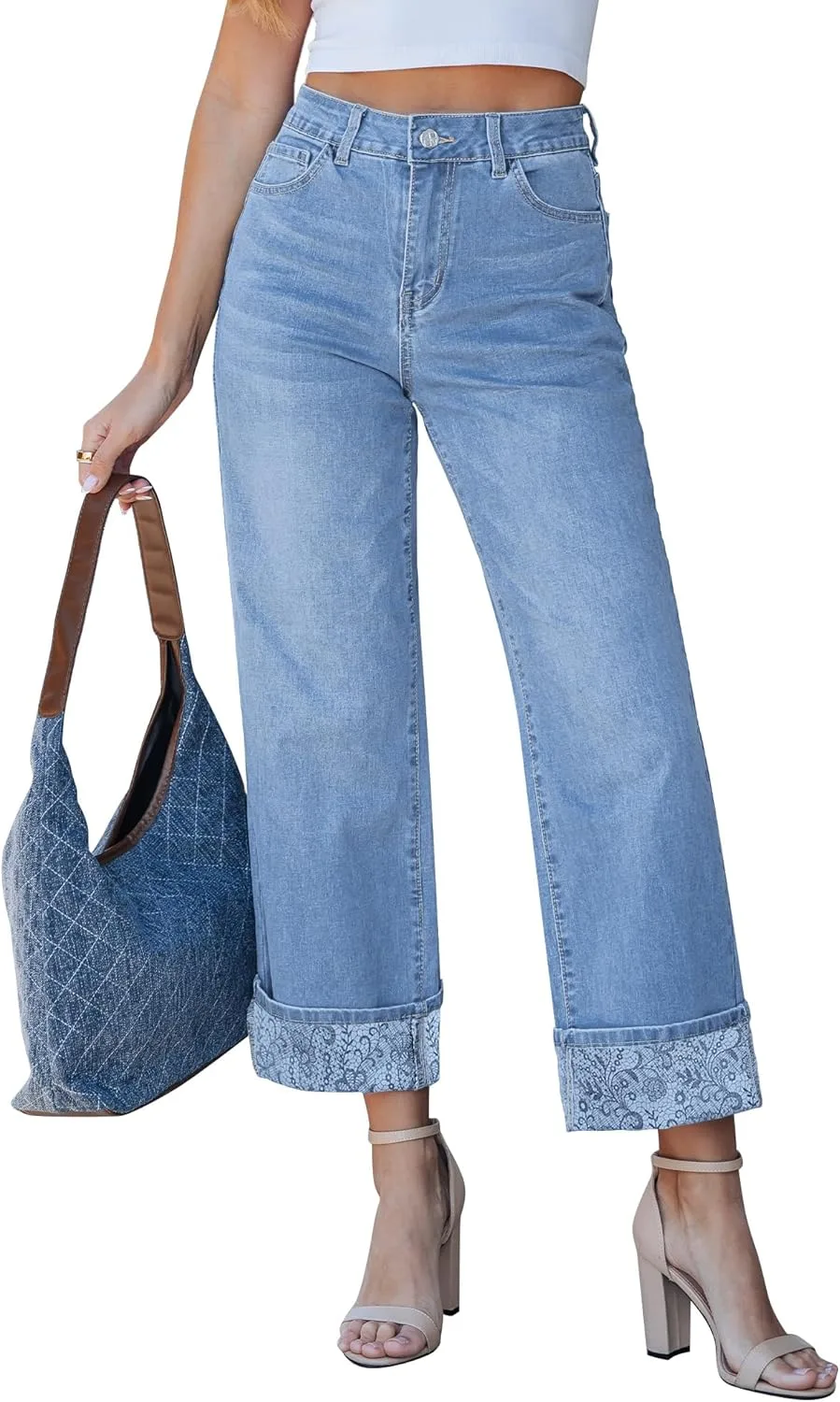 

GRAPENT джинсы Wide Leg для женщин, укороченные, с высокой талией и принтом