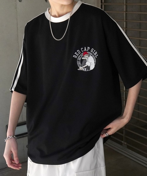 

Футболка оверсайз с контрастной отделкой, вышивкой и боковыми полосками, мягкая, струящаяся, унисекс Red Cap Girl, черный