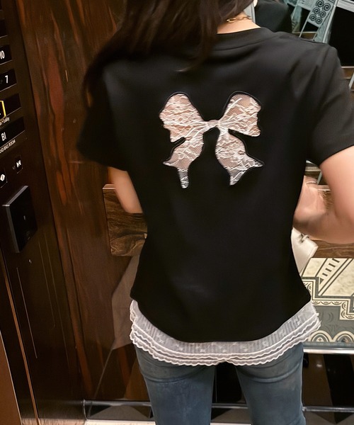 

Футболка женская с кружевной вставкой и лентой на спине, 100% хлопок CHARME BY MICOLA, черный