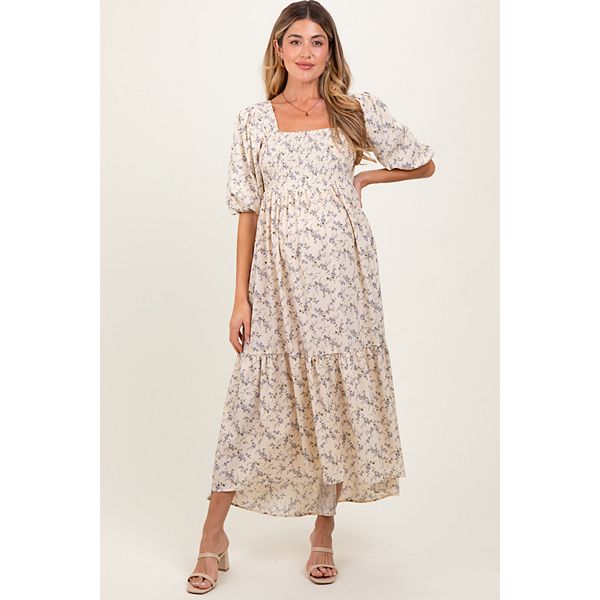 

Длинное платье для беременных с цветочным принтом, сборками, асимметричным подолом и пышными рукавами. Pinkblush