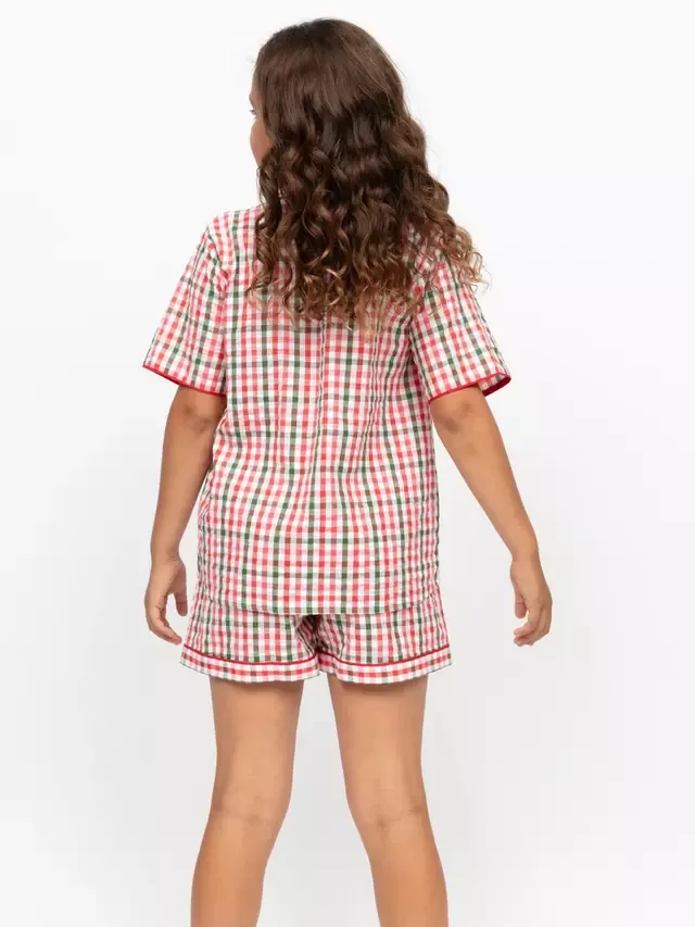Детский пижамный комплект Tara из клетчатой ткани сирсакер, красный Minijammies — фото 2