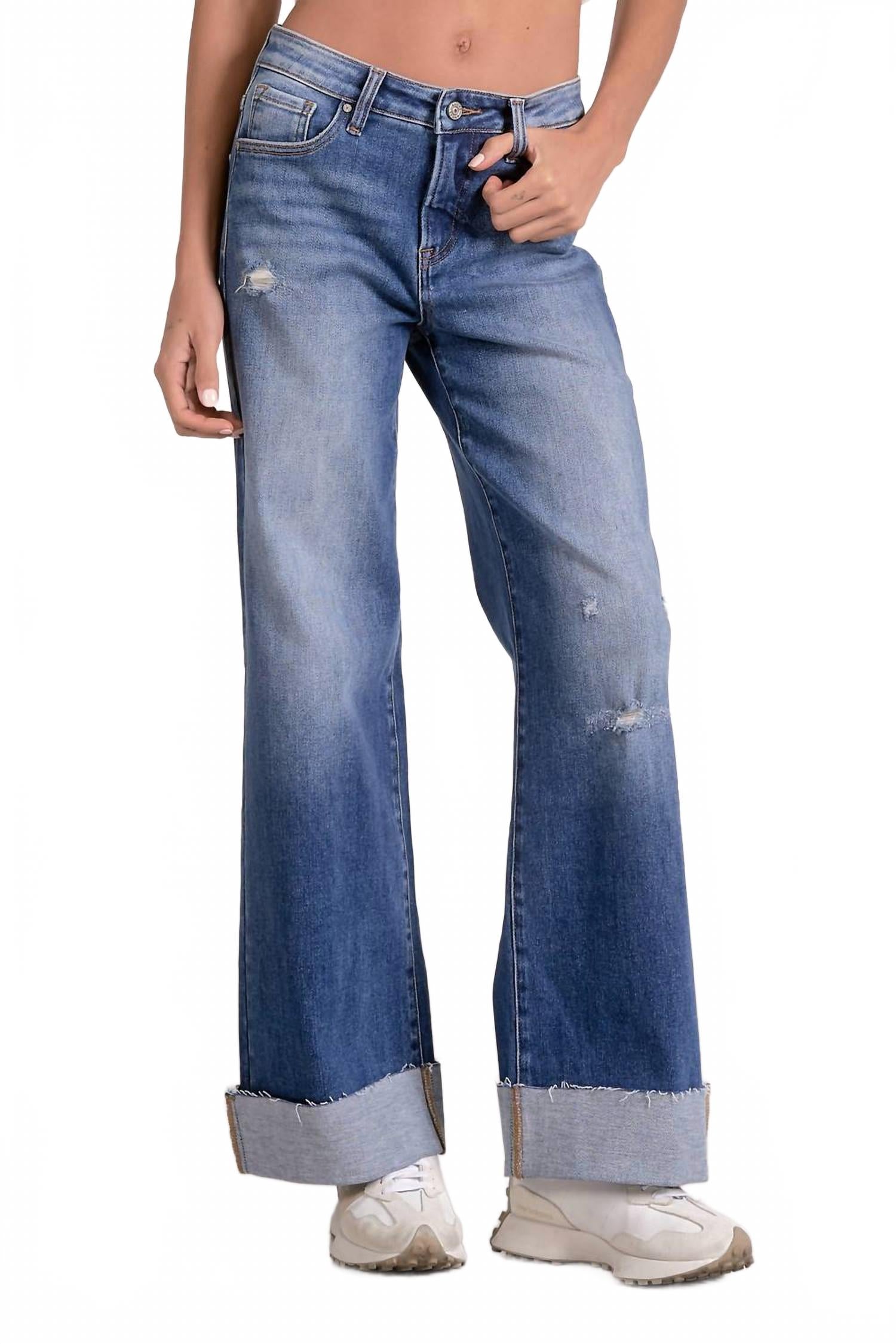 

Синие джинсы с широкими штанинами и манжетами в стиле деним ELAN