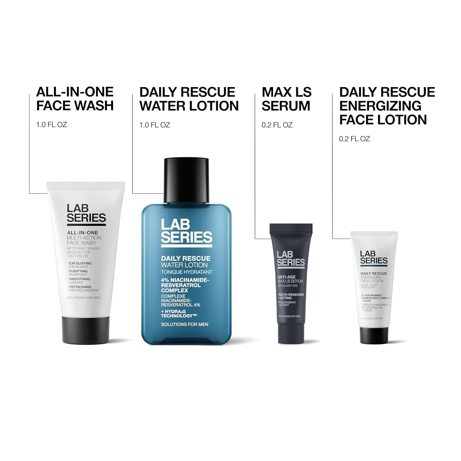 Lab Series Travel Size Essentials набор для ухода за кожей для мужчин: All-In-One Face Wash 30 мл, Daily Rescue Face Toner 30 мл, Daily Rescue Face Lotion 6 мл и Max LS Face Serum 6 мл — фото 4