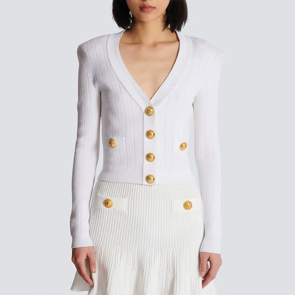 Кардиган с пуговицами из ребристой вязки BALMAIN, белый — фото 3