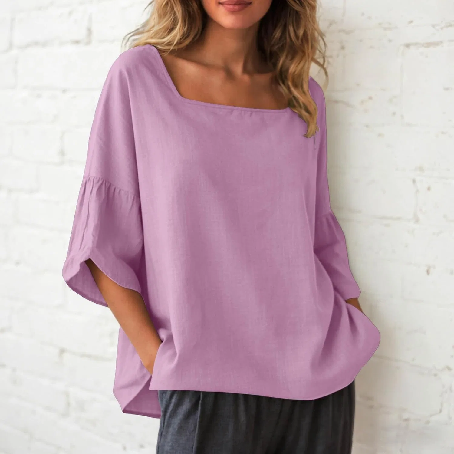 Блуза женская, свободная, из коллекции Linen Shirts for Women, розовый — фото 2