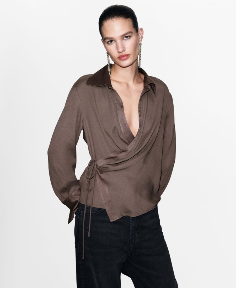 

Женская атласная блузка с перекрестным кроем MANGO, Medium Brown