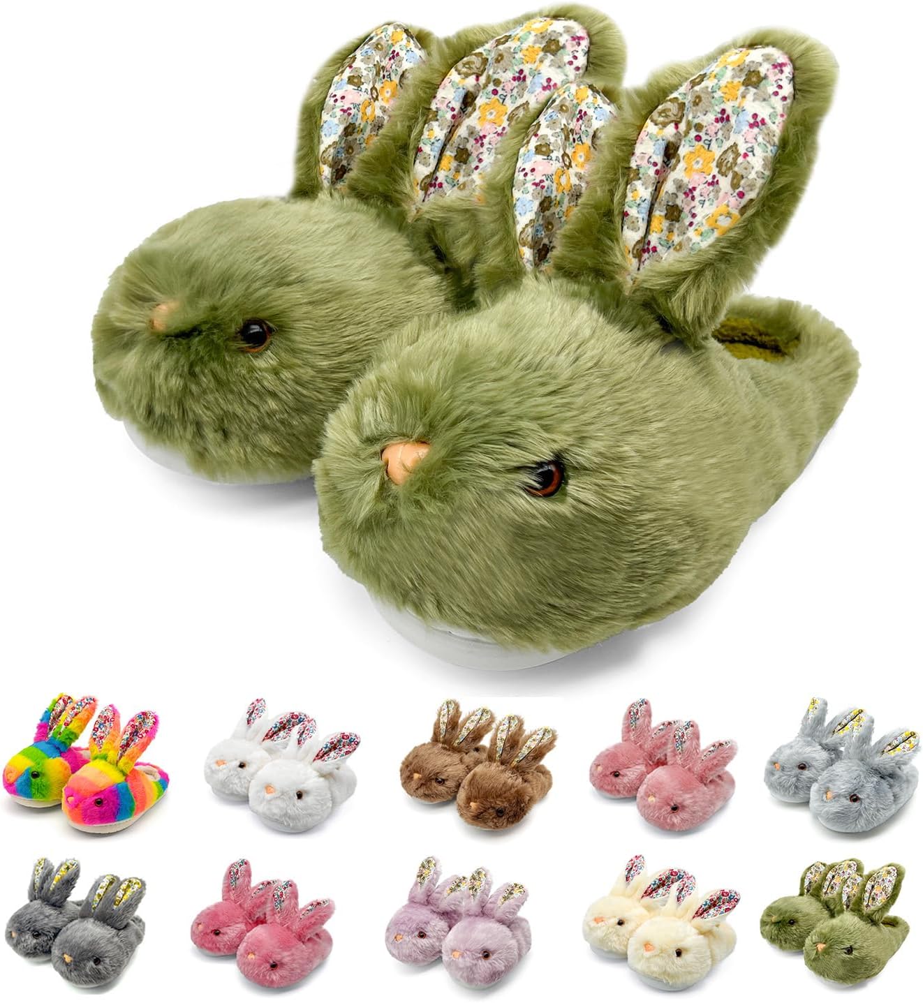 

Женские пушистые тапочки с ушками кролика и цветочным принтом, плюшевые тапочки-зайчики для дома, большие размеры, хлопковые, милые домашние зимние тапочки с нескользящей подошвой для мужчин, девушек и подростков Sutexle, зеленый